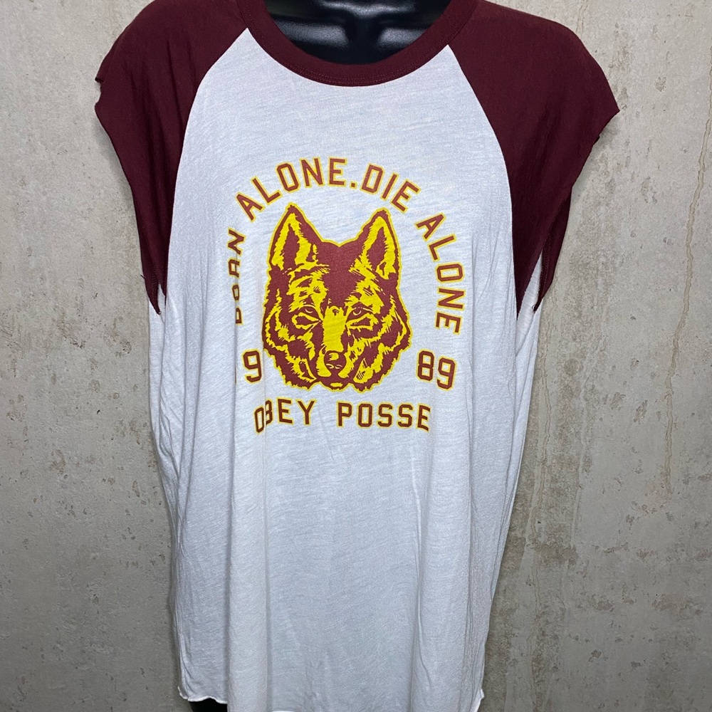 Cream/Maroon Obey cut off.